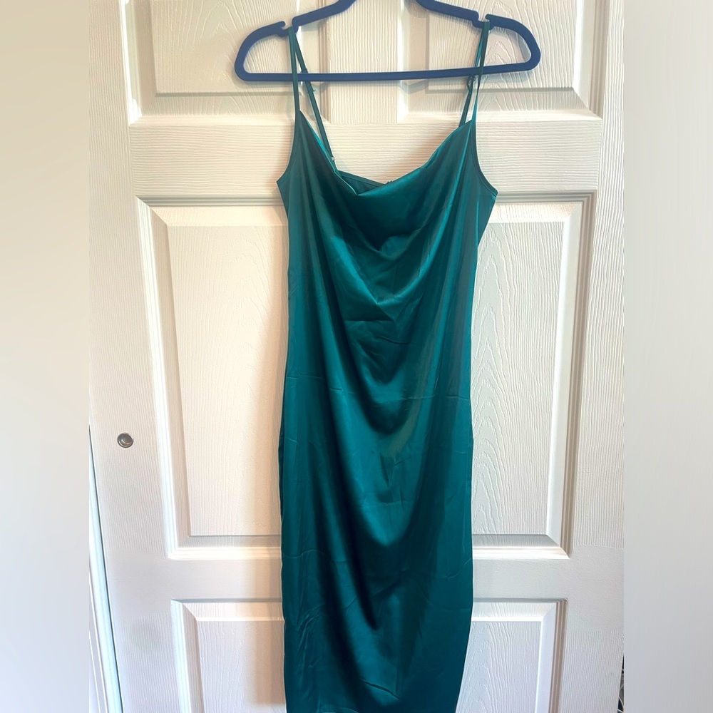 Green cowel neck satin dress